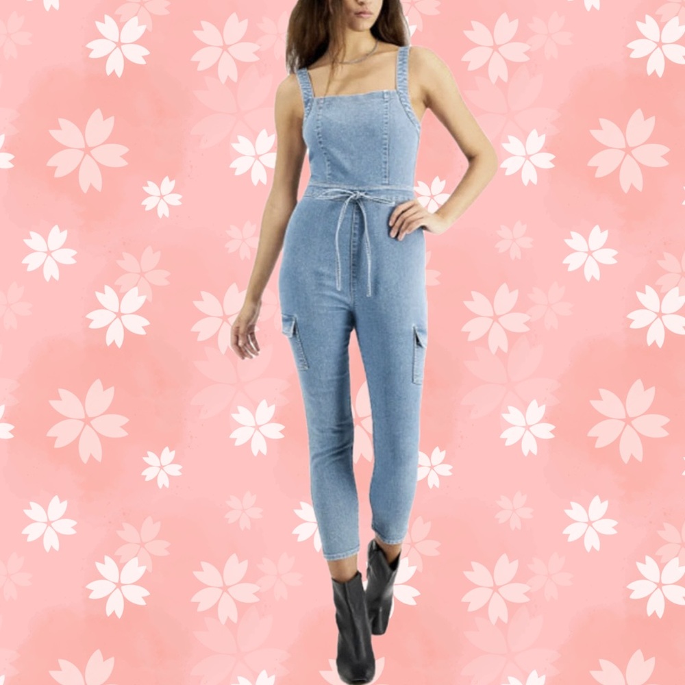 Lightweight Denim Mock Tie Waist Jumpsuit w/stretch•NWOT•23” p2p  29” inseam